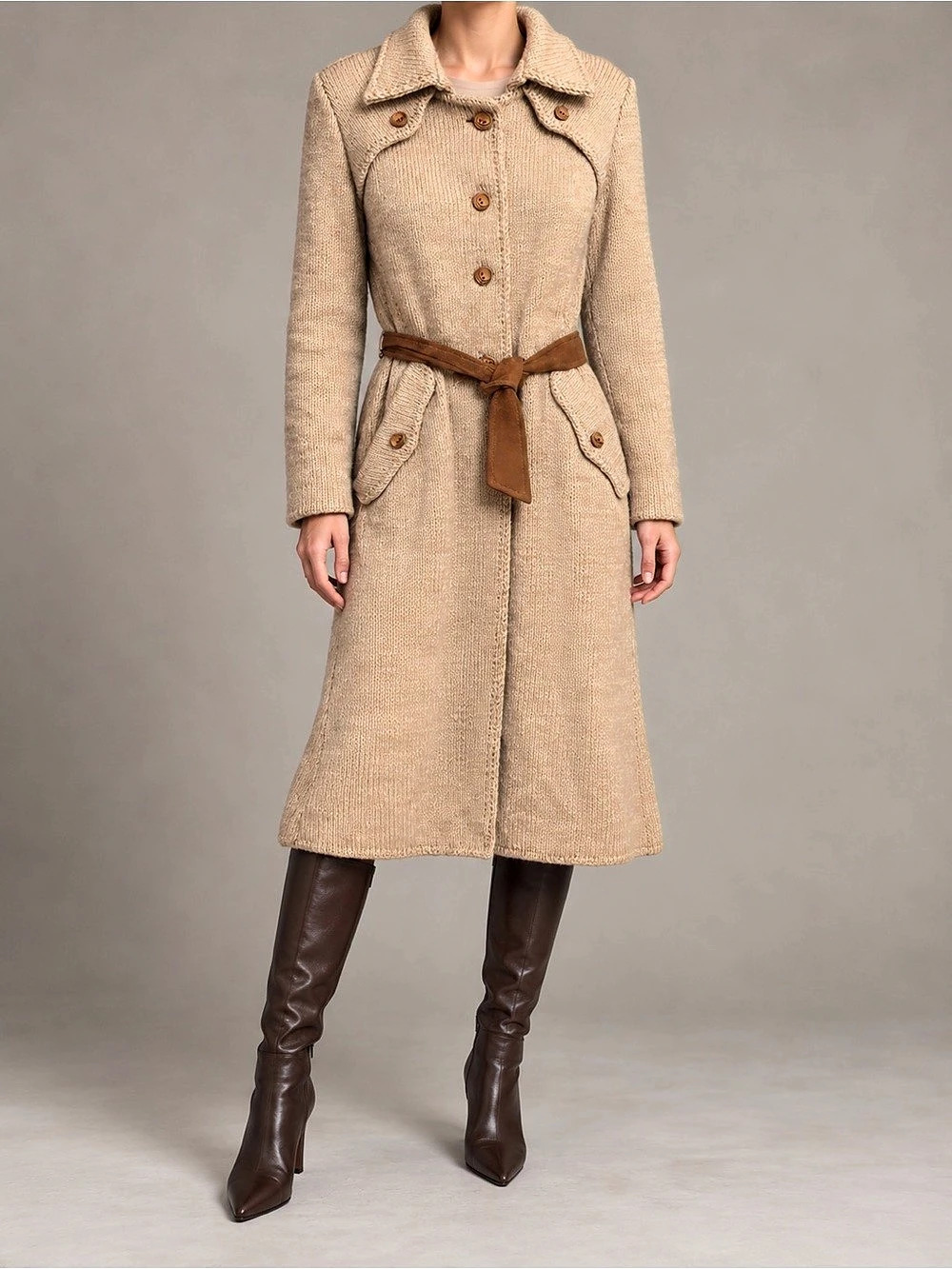 Hand Knit by Gwen Vloekman Belted Knit Trench Coat in Beige Like New
